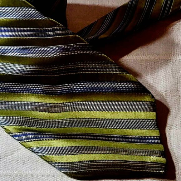 NICOLE MILLER NEW YORK designer Men's tie,  All Silk Green Blue Striped Pattern - Picture 3 of 14